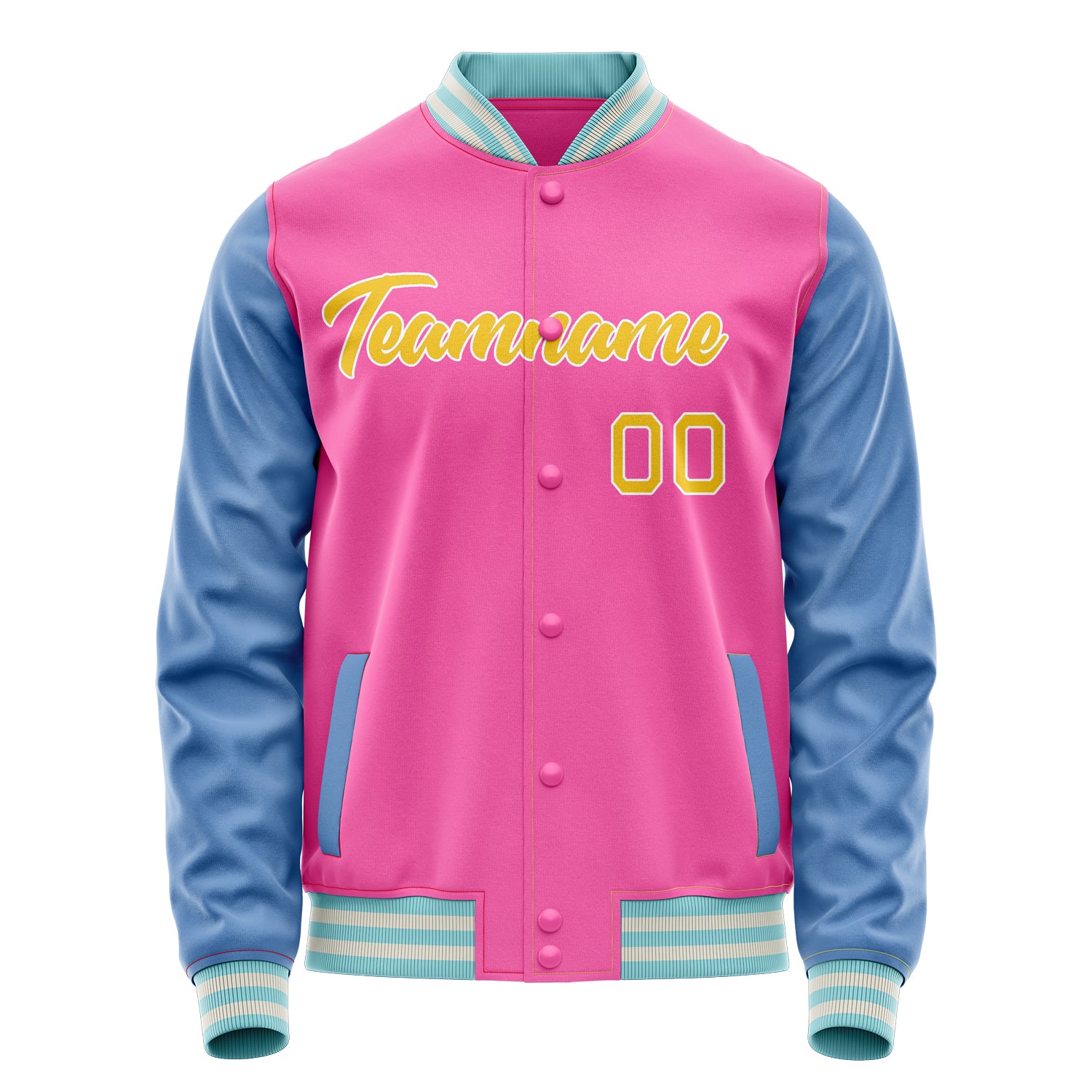 Custom Pink Light-Blue Solid Color Varsity Letterman Jacket JA02240617SH302