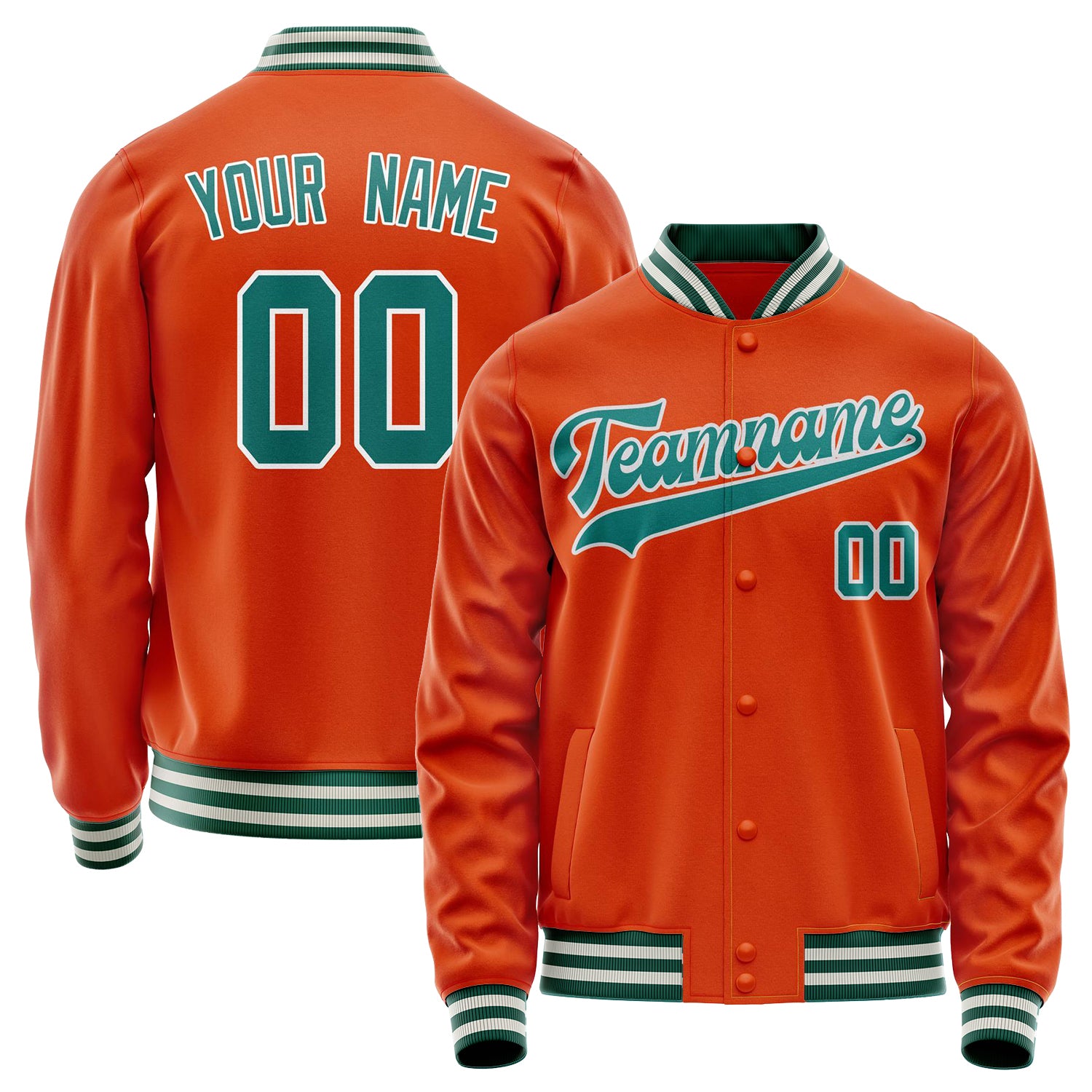 Custom Orange Teal Solid Color Varsity Letterman Jacket JA02240617XE331