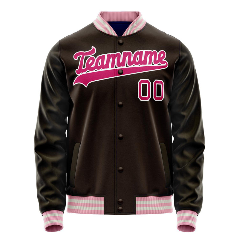 Custom Brown Pink Solid Color Varsity Letterman Jacket JA02240617XF072