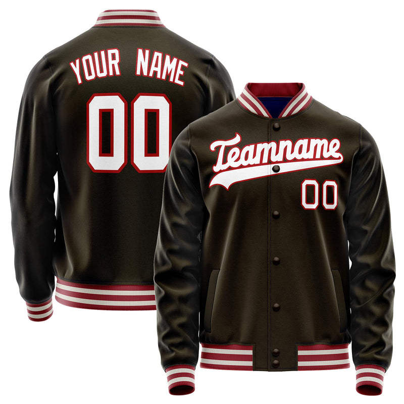 Custom Brown White Solid Color Varsity Letterman Jacket JA02240617XF077