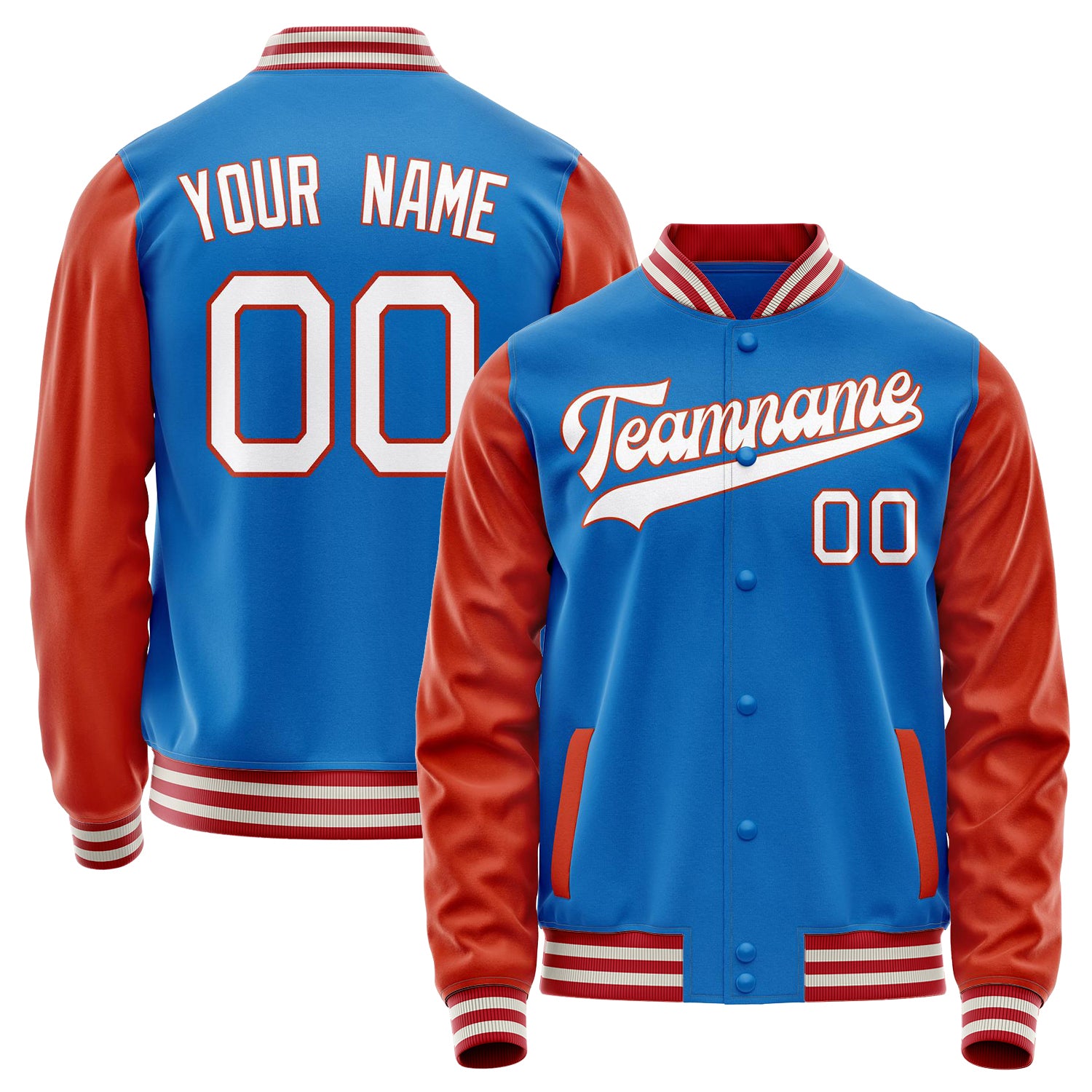 Custom Electric-Blue Orange Solid Color Varsity Letterman Jacket JA02240617YH134
