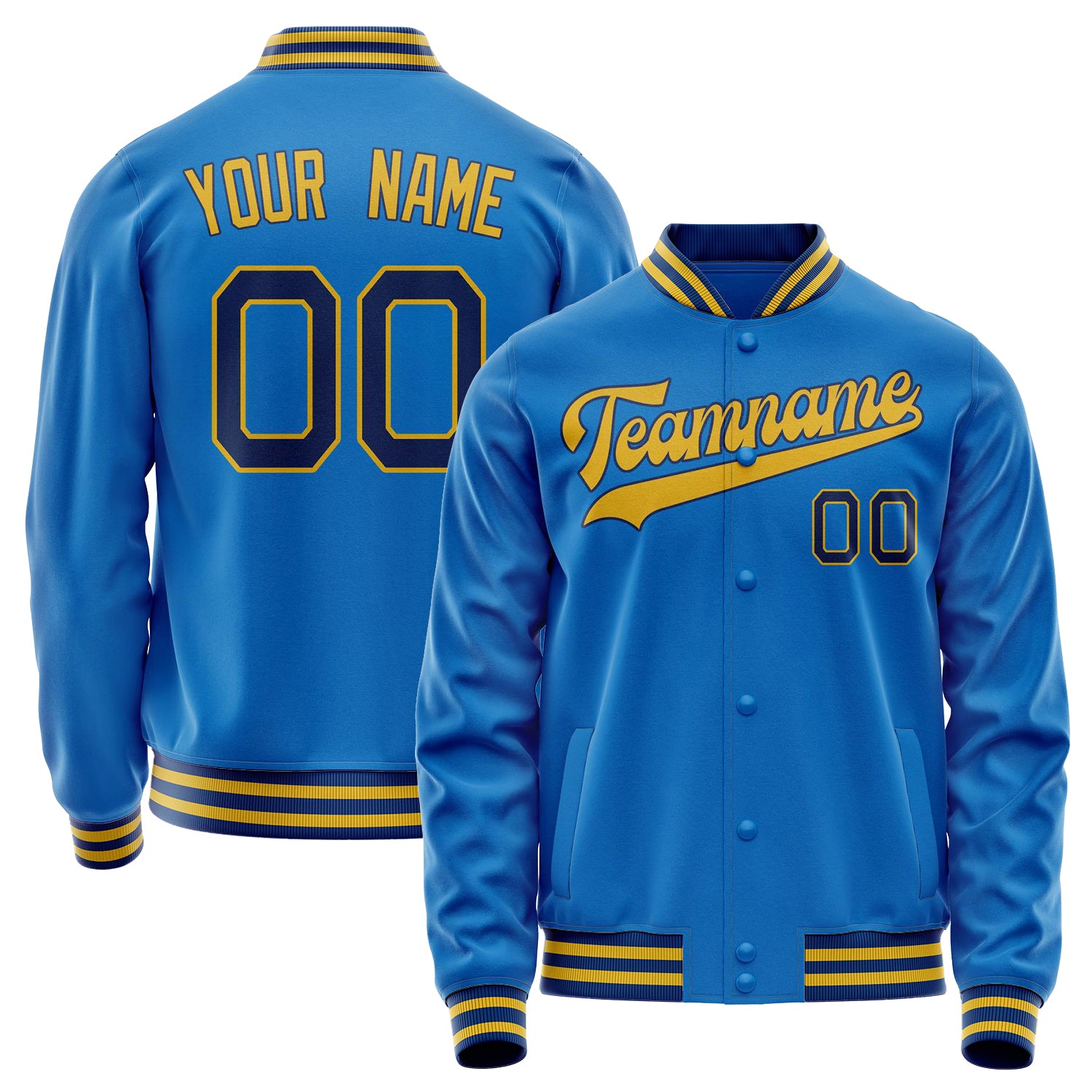 Custom Electric-Blue Gold Solid Color Varsity Letterman Jacket JA02240617YH142