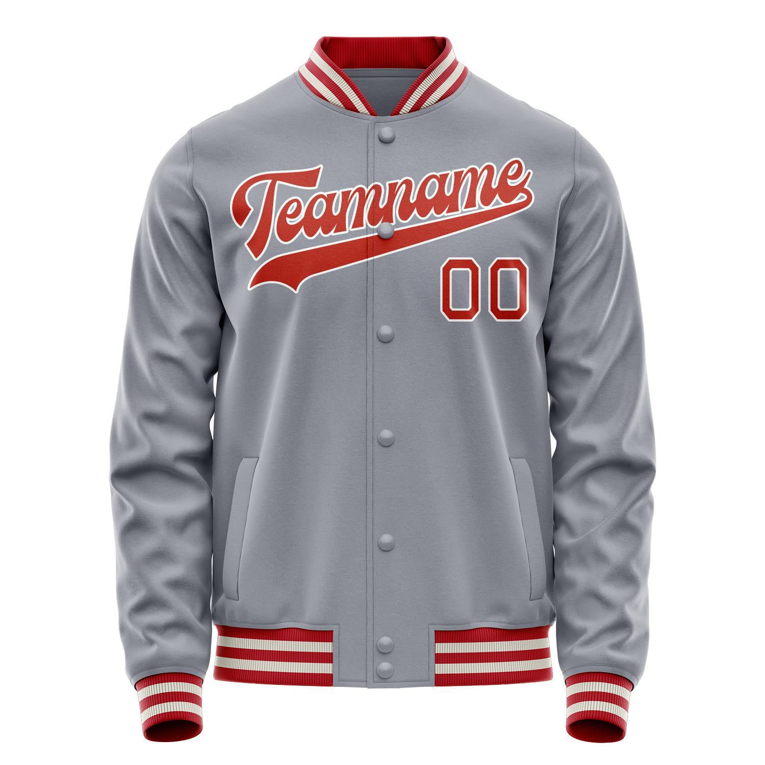 Custom Gray Red Solid Color Varsity Letterman Jacket JA02240617YH149