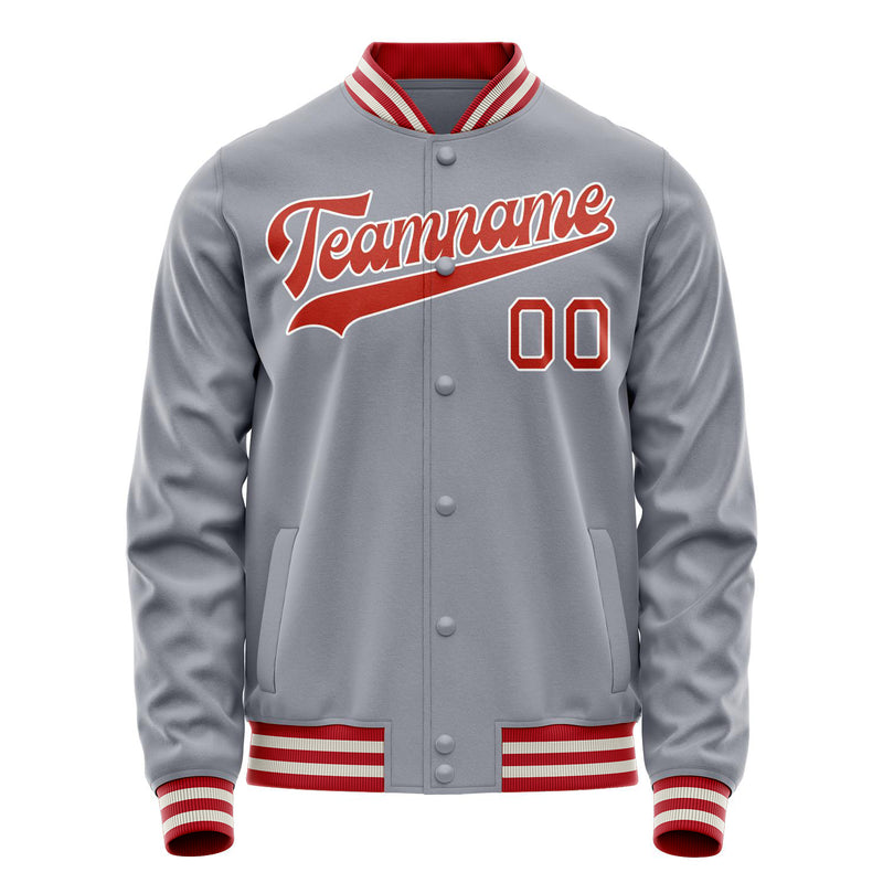 Custom Gray Red Solid Color Varsity Letterman Jacket JA02240617YH149