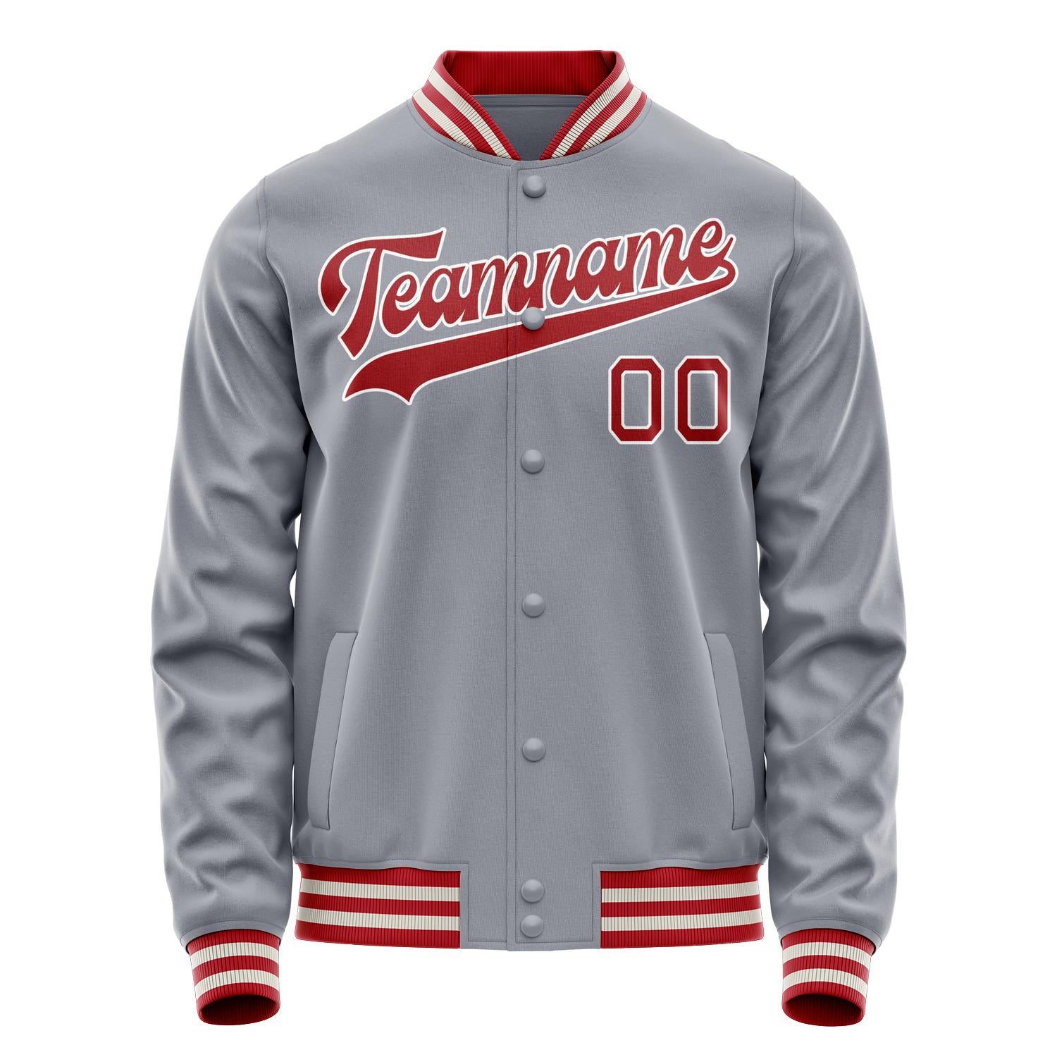 Custom Gray Red Solid Color Varsity Letterman Jacket JA02240617YH175