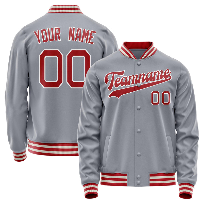 Custom Gray Red Solid Color Varsity Letterman Jacket JA02240617YH175