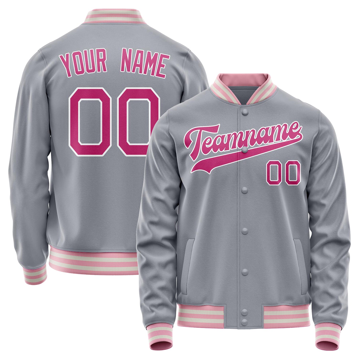 Custom Gray Pink Solid Color Varsity Letterman Jacket JA02240617YH177