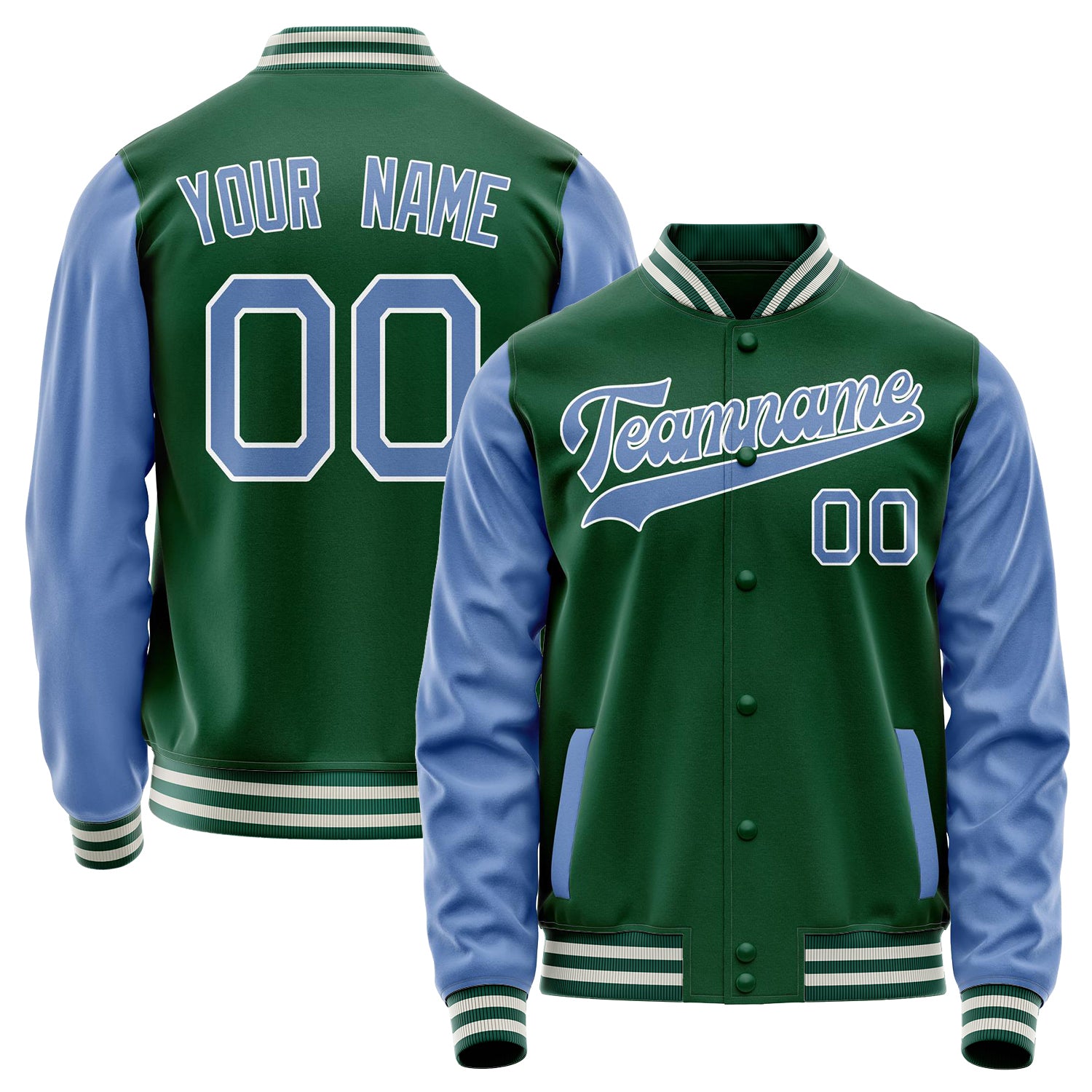 Custom Kelly-Green Light-Blue Solid Color Varsity Letterman Jacket JA02240617ZF220