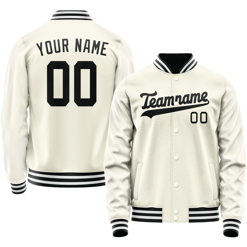 Custom Cream Black Solid Color Varsity Letterman Jacket JA02240617JC111