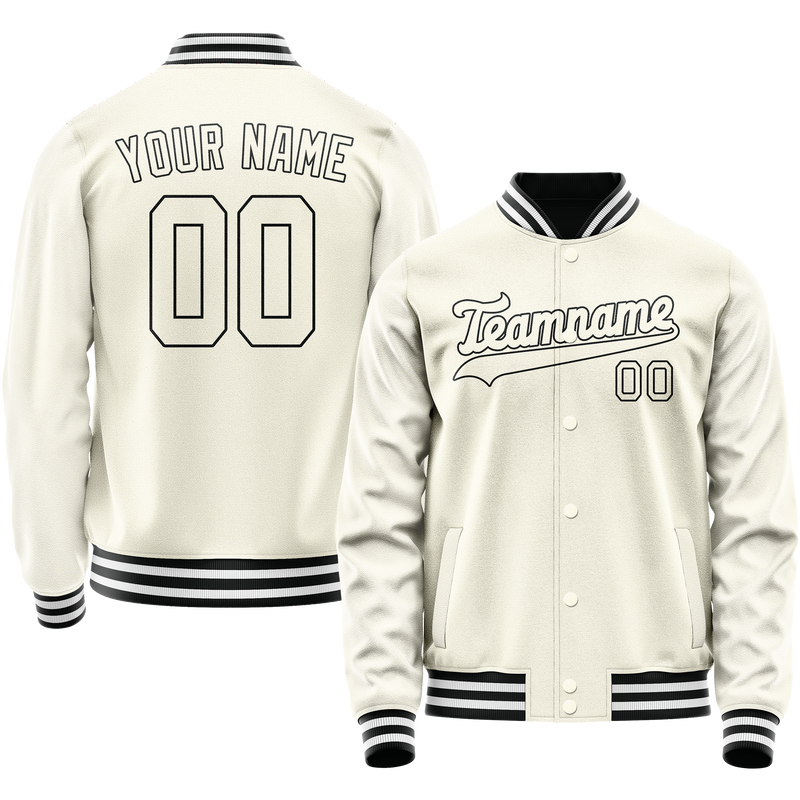 Custom Cream Black Solid Color Varsity Letterman Jacket JA02240617JC112