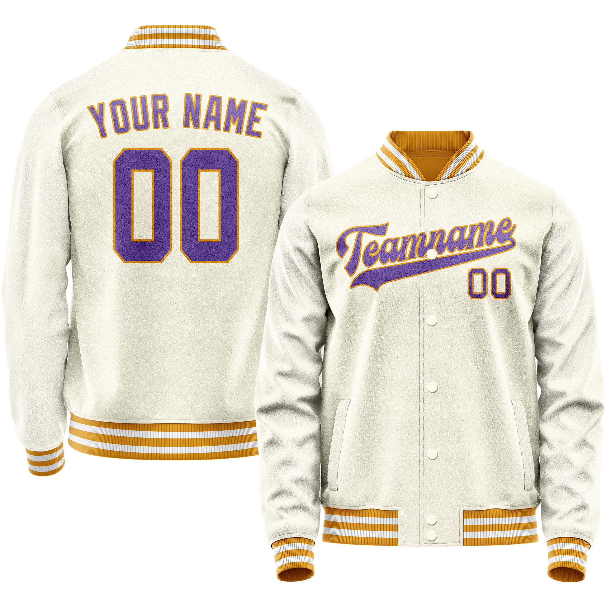 Custom Cream Purple Solid Color Varsity Letterman Jacket JA02240617JC117