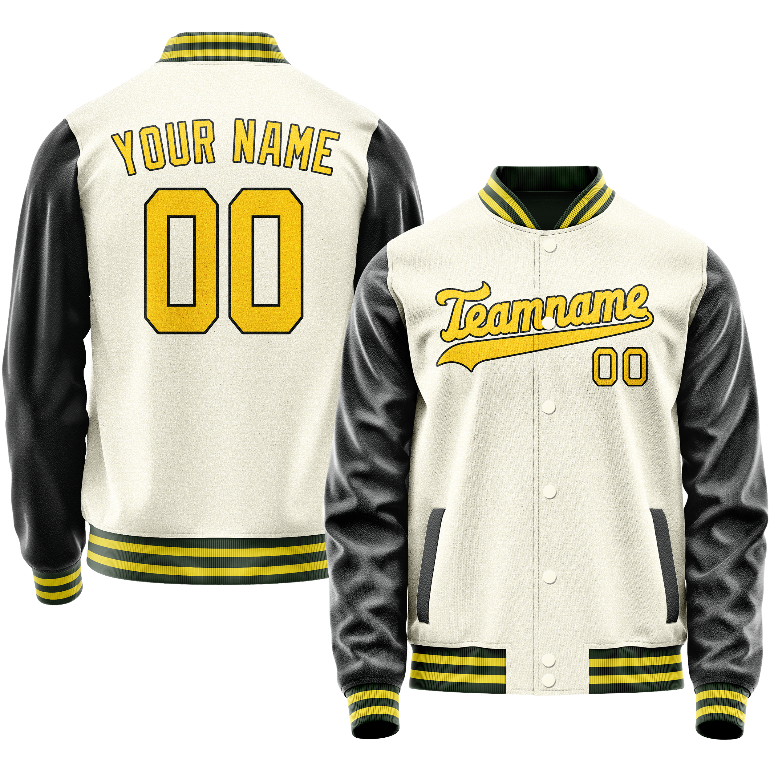 Custom Cream Black Solid Color Varsity Letterman Jacket JA02240617JC092