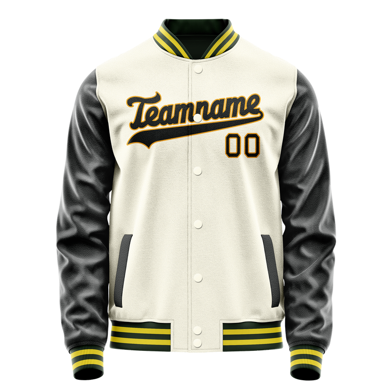 Custom Cream Black Solid Color Varsity Letterman Jacket JA02240617JC107