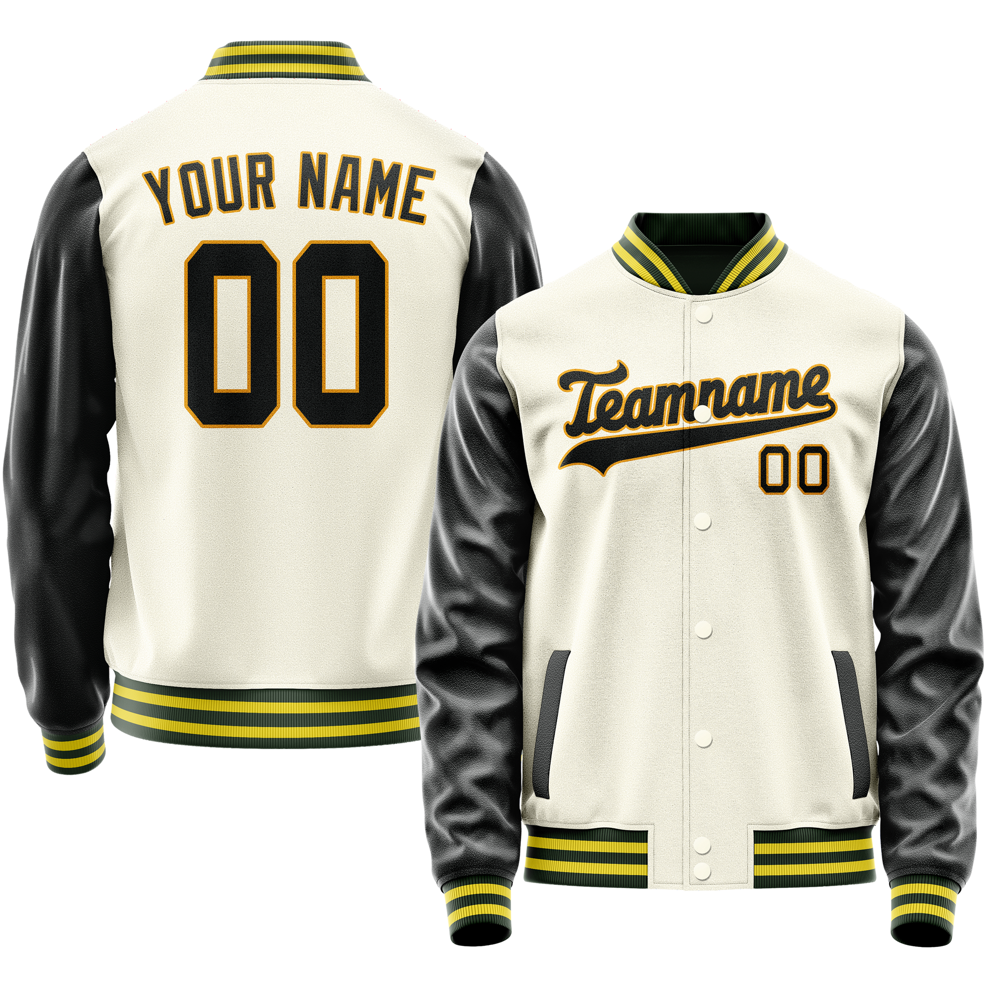 Custom Cream Black Solid Color Varsity Letterman Jacket JA02240617JC107