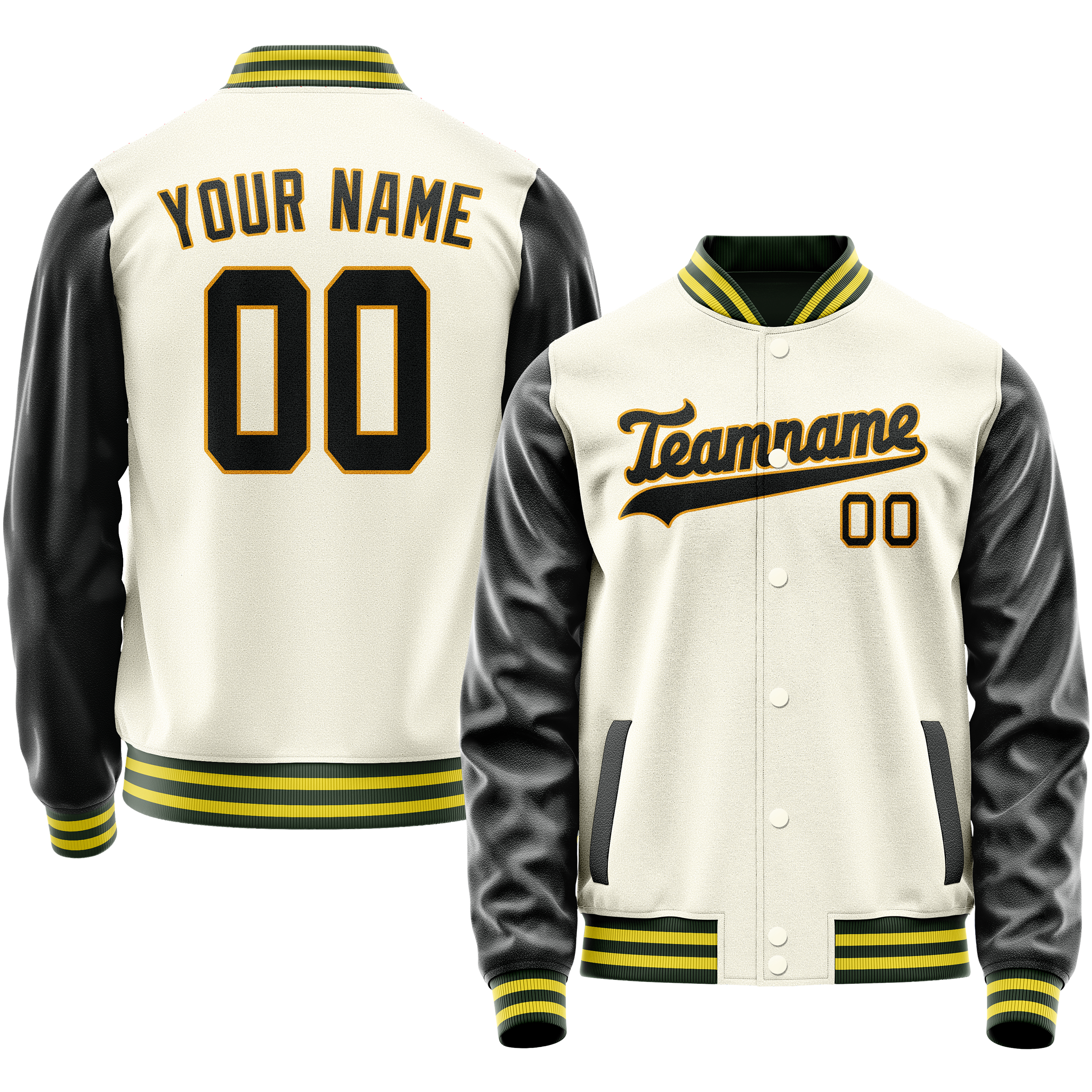 Custom Cream Black Solid Color Varsity Letterman Jacket JA02240617JC107