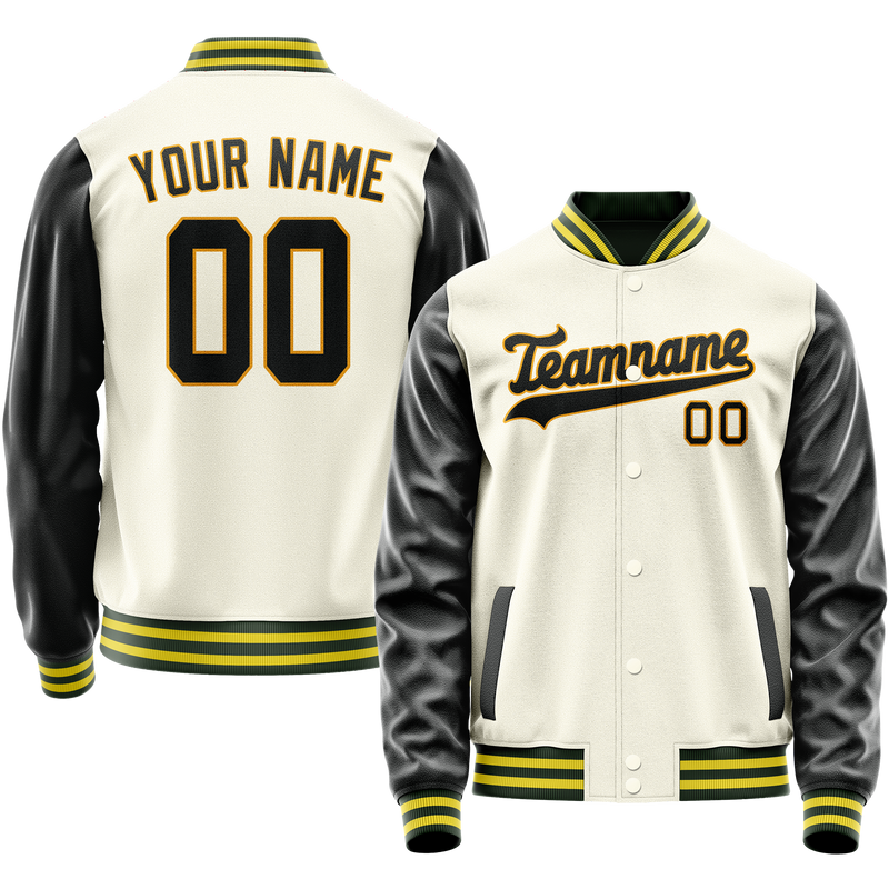 Custom Cream Black Solid Color Varsity Letterman Jacket JA02240617JC107