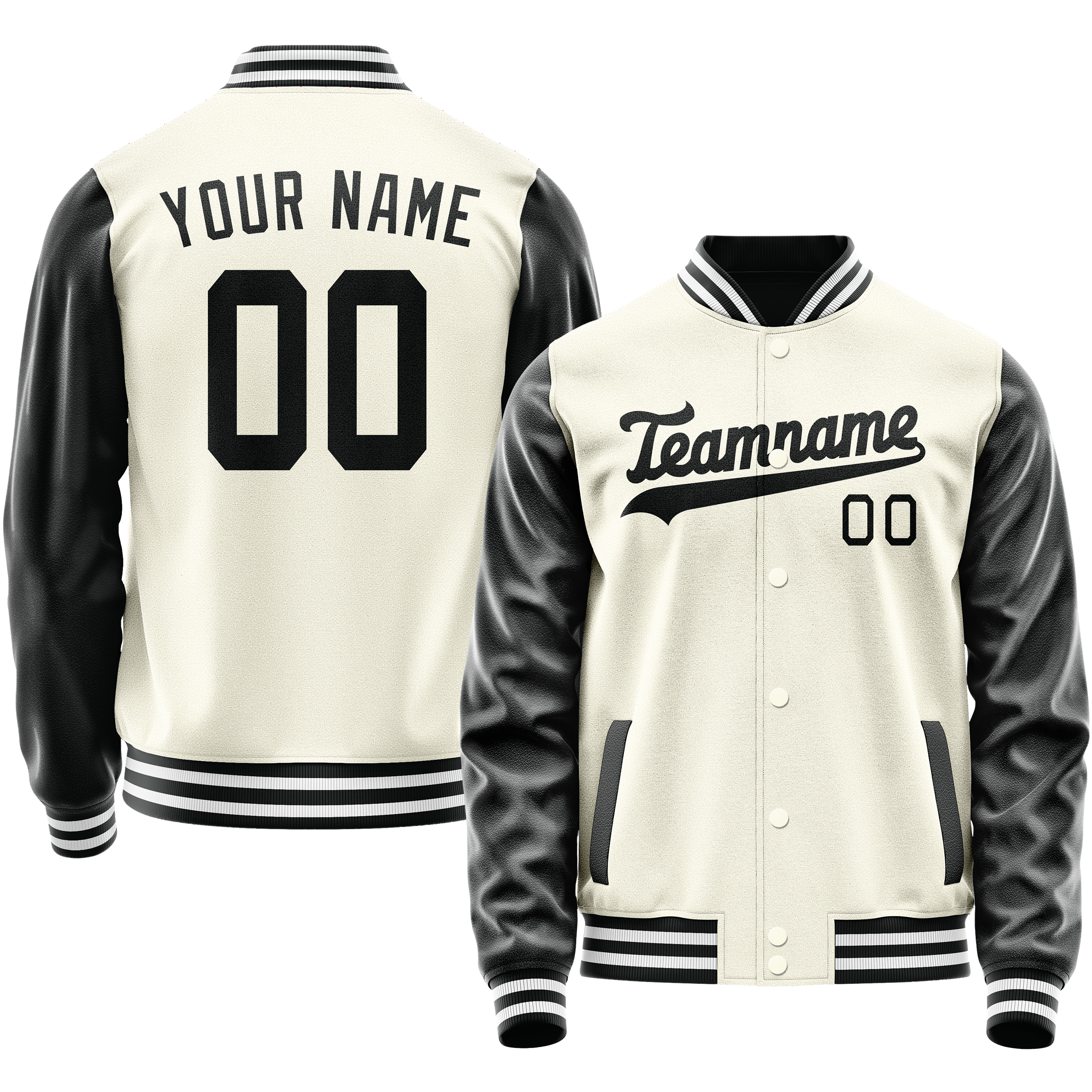 Custom Cream Black Solid Color Varsity Letterman Jacket JA02240617JC109