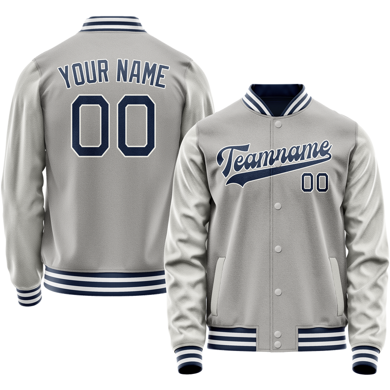 Custom Gray Navy Solid Color Varsity Letterman Jacket JA02240617YH153