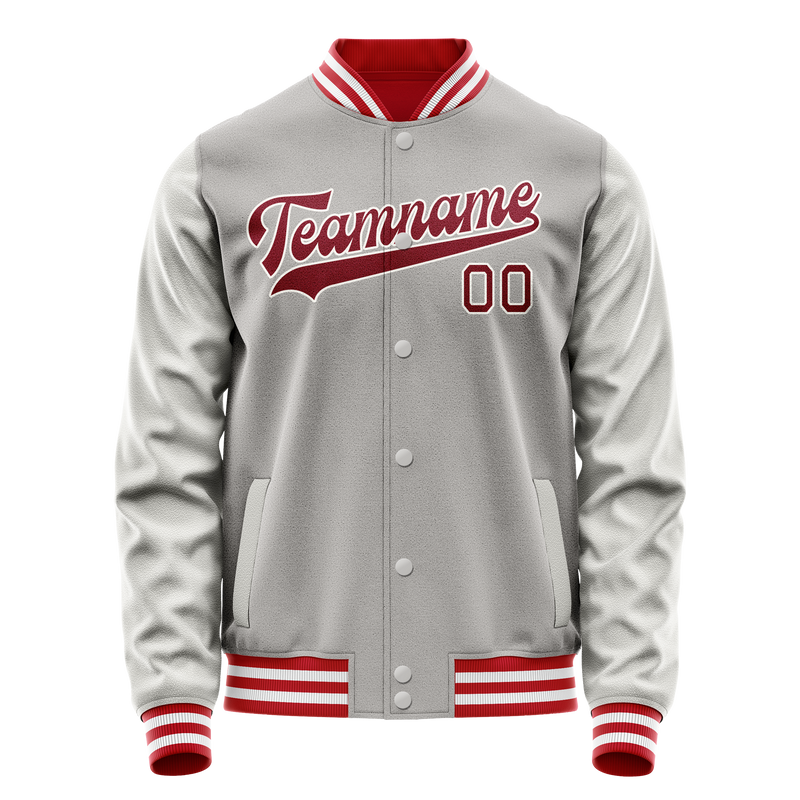 Custom Gray Red Solid Color Varsity Letterman Jacket JA02240617YH175