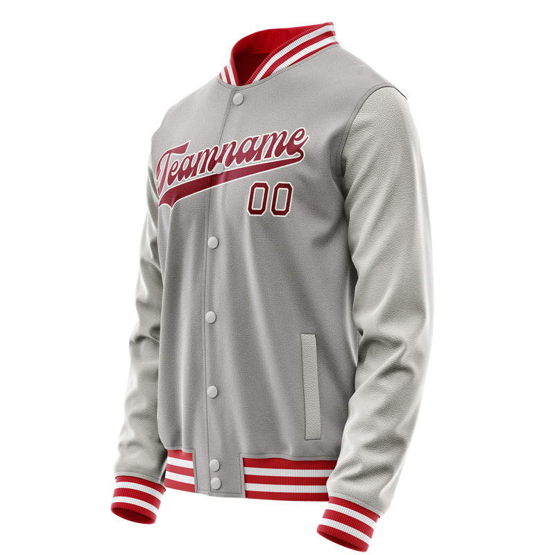 Custom Gray Red Solid Color Varsity Letterman Jacket JA02240617YH175