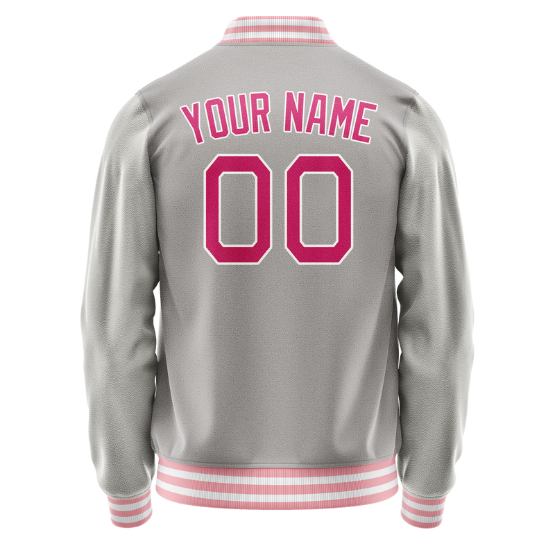 Custom Gray Pink Solid Color Varsity Letterman Jacket JA02240617YH177