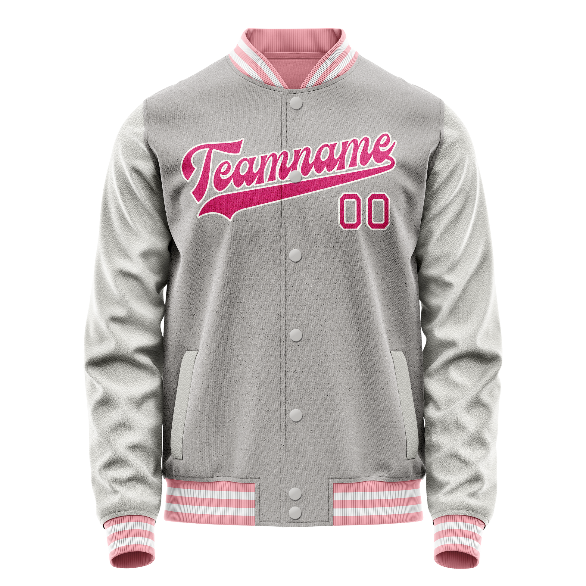 Custom Gray Pink Solid Color Varsity Letterman Jacket JA02240617YH177