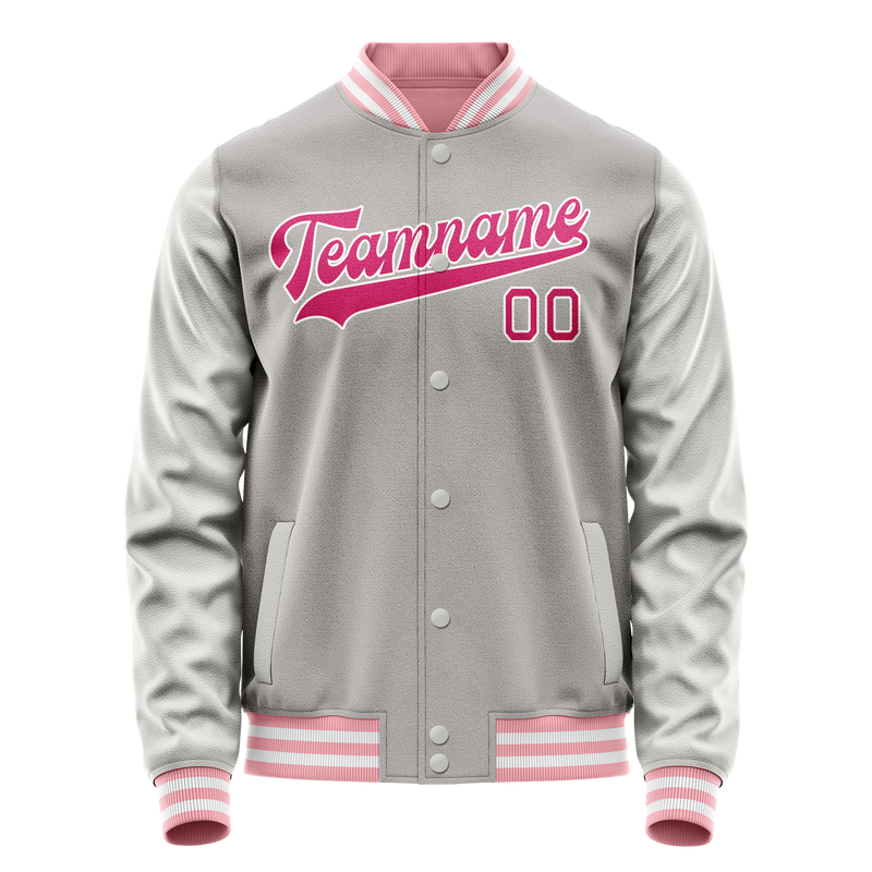 Custom Gray Pink Solid Color Varsity Letterman Jacket JA02240617YH177