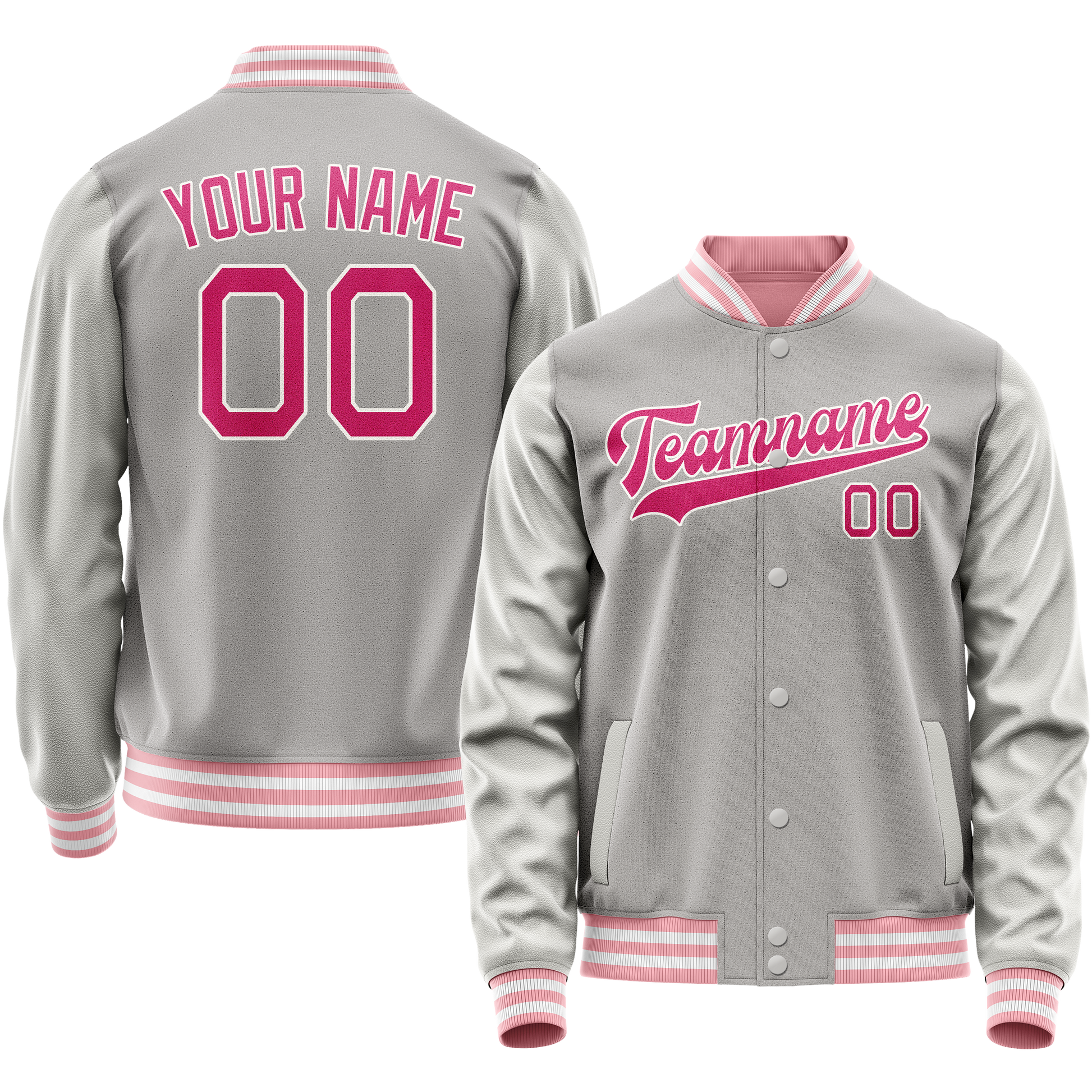 Custom Gray Pink Solid Color Varsity Letterman Jacket JA02240617YH177