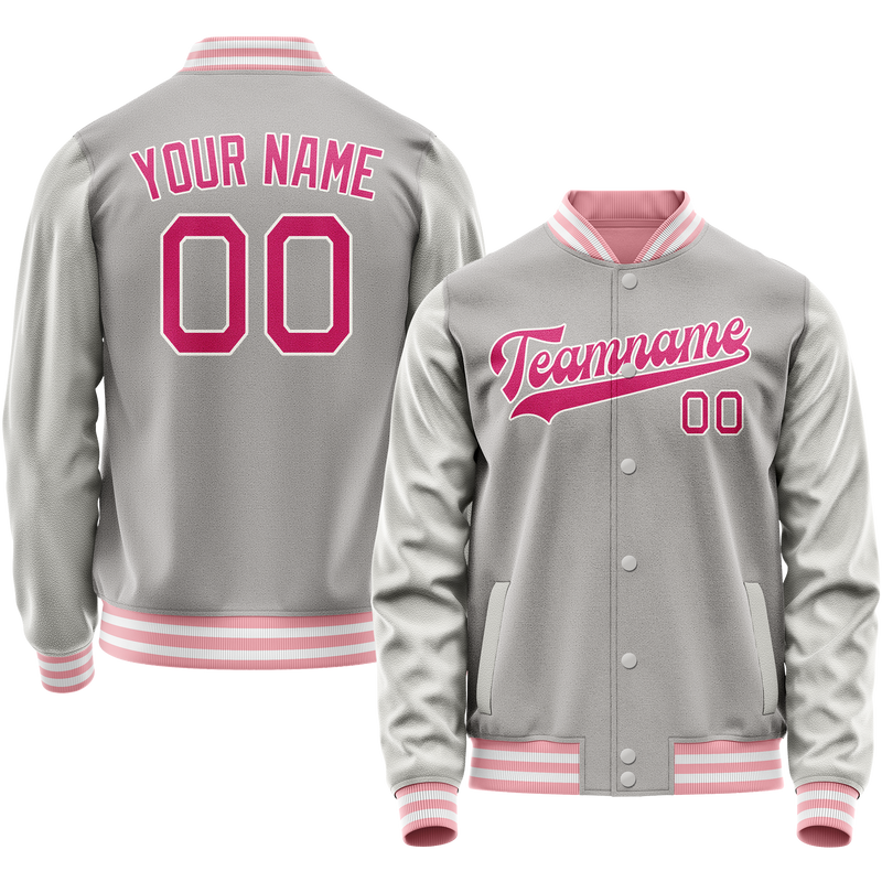 Custom Gray Pink Solid Color Varsity Letterman Jacket JA02240617YH177