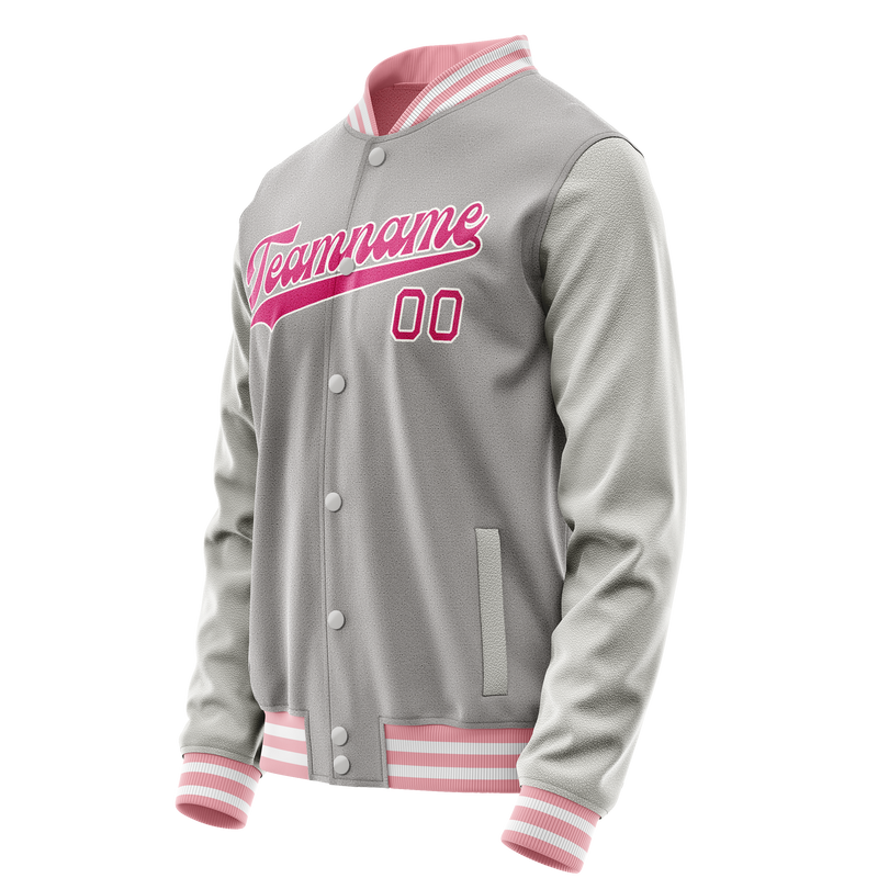 Custom Gray Pink Solid Color Varsity Letterman Jacket JA02240617YH177