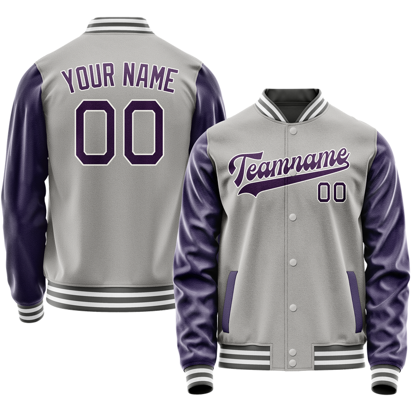 Custom Gray Purple Solid Color Varsity Letterman Jacket JA02240617YH164