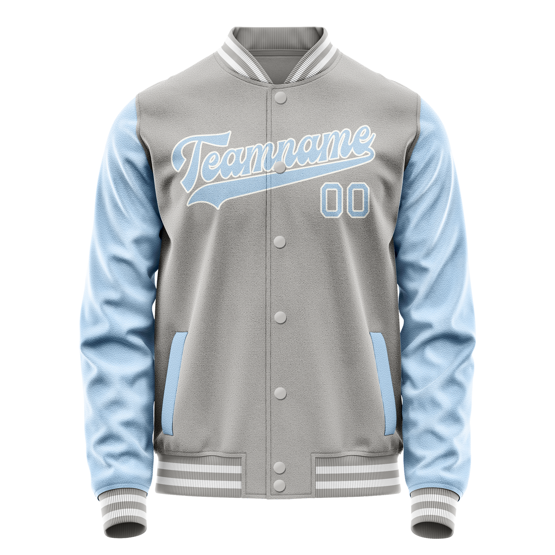 Custom Gray Light-Blue Solid Color Varsity Letterman Jacket JA02240617YH155