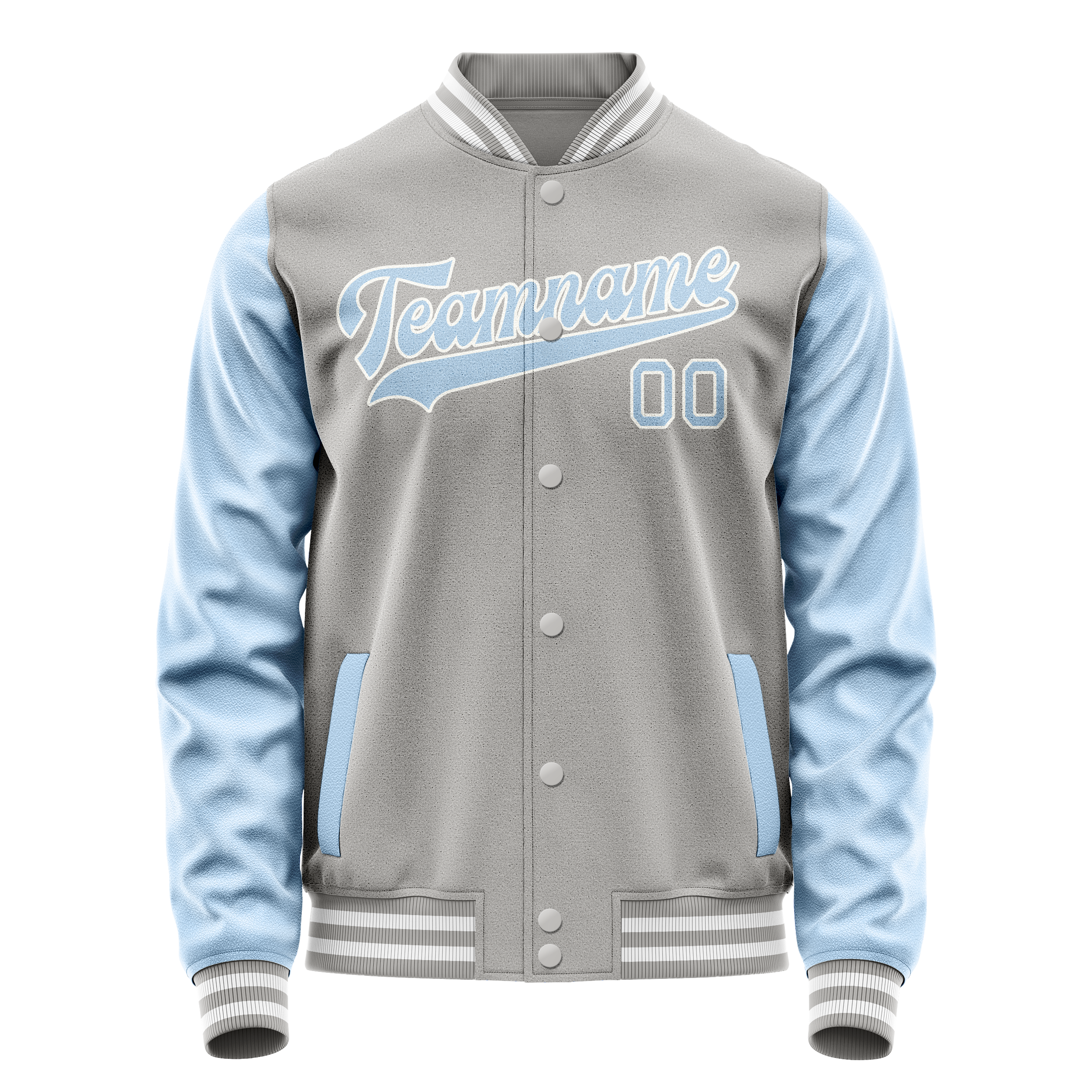 Custom Gray Light-Blue Solid Color Varsity Letterman Jacket JA02240617YH155