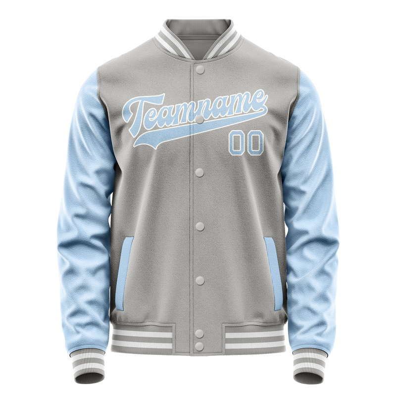 Custom Gray Light-Blue Solid Color Varsity Letterman Jacket JA02240617YH155