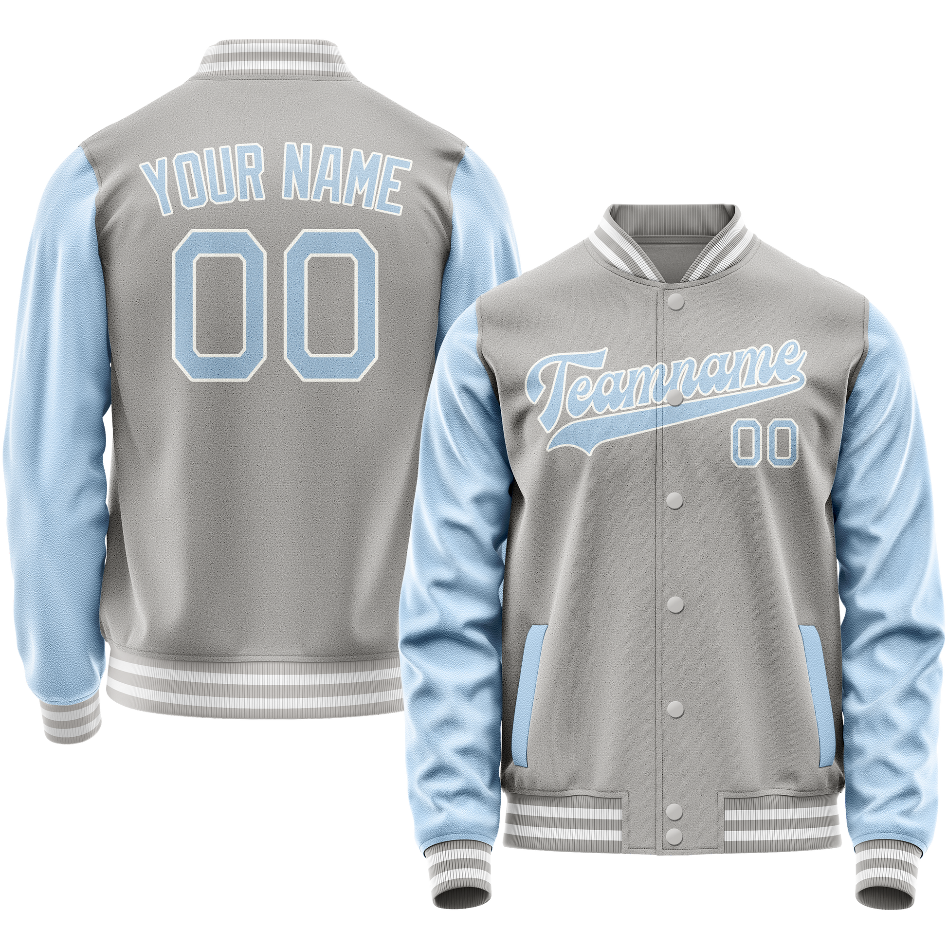 Custom Gray Light-Blue Solid Color Varsity Letterman Jacket JA02240617YH155