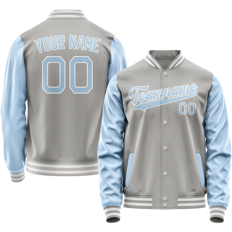 Custom Gray Light-Blue Solid Color Varsity Letterman Jacket JA02240617YH155