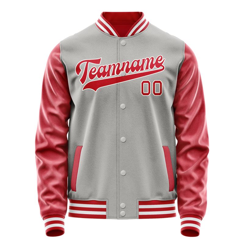 Custom Gray Red Solid Color Varsity Letterman Jacket JA02240617YH152