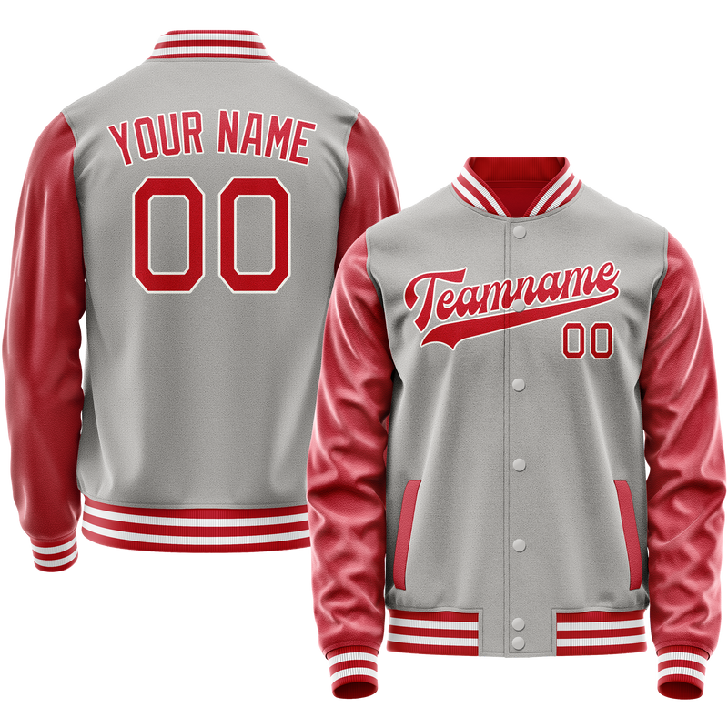 Custom Gray Red Solid Color Varsity Letterman Jacket JA02240617YH152