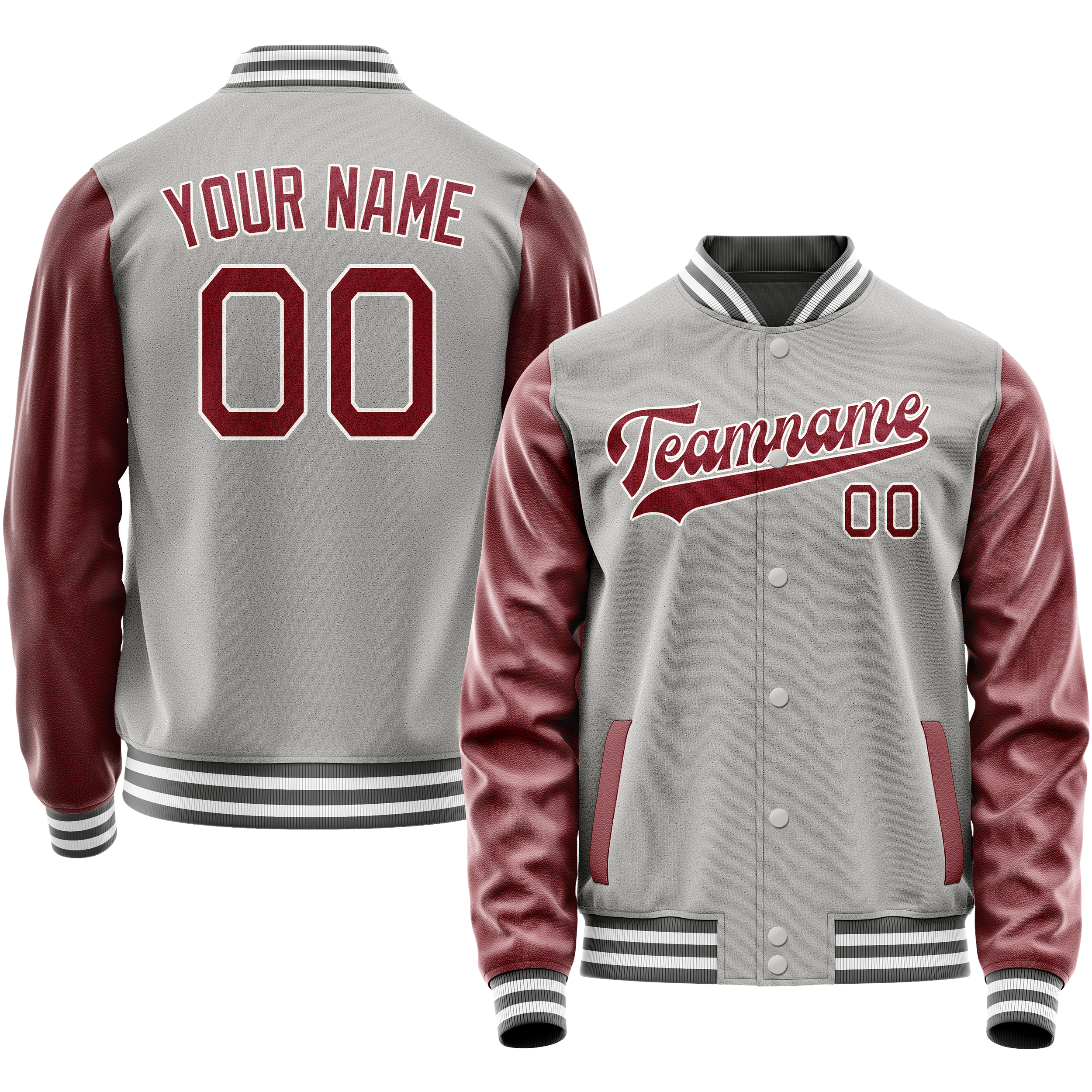 Custom Gray Crimson Solid Color Varsity Letterman Jacket JA02240617YH159