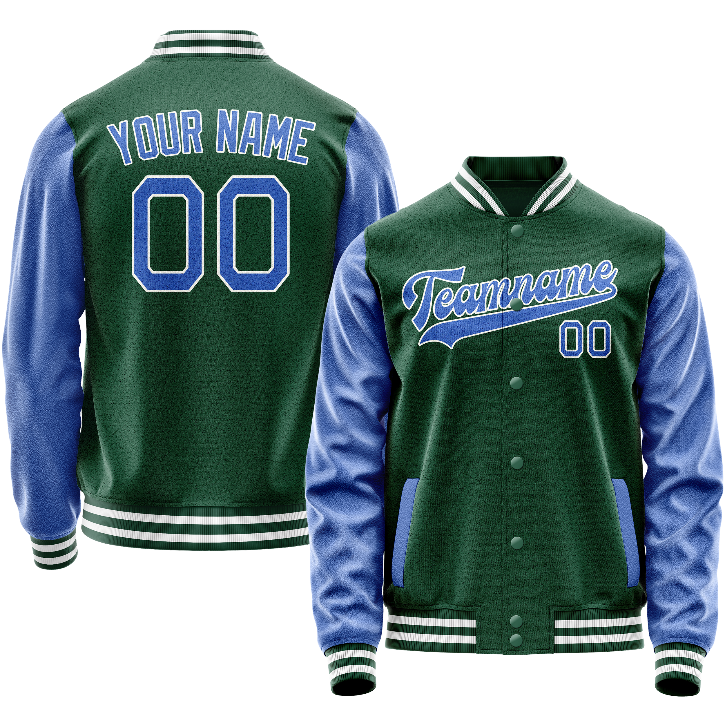Custom Kelly-Green Light-Blue Solid Color Varsity Letterman Jacket JA02240617ZF220