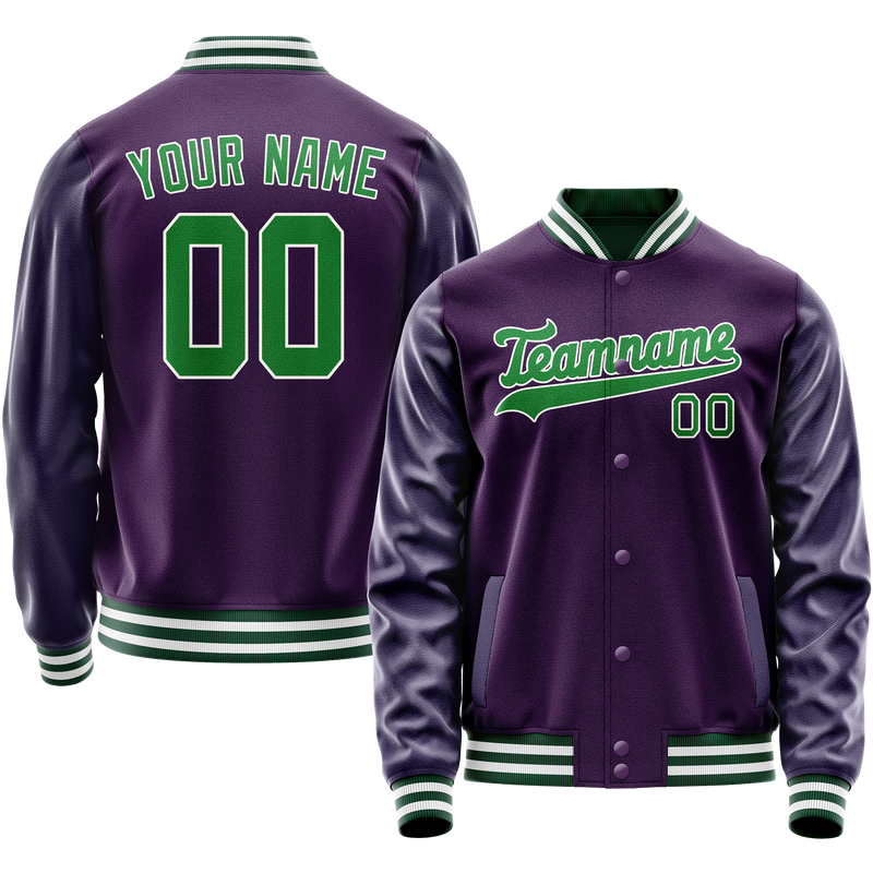 Custom Purple Neon-Green Solid Color Varsity Letterman Jacket JA02240617KZ357