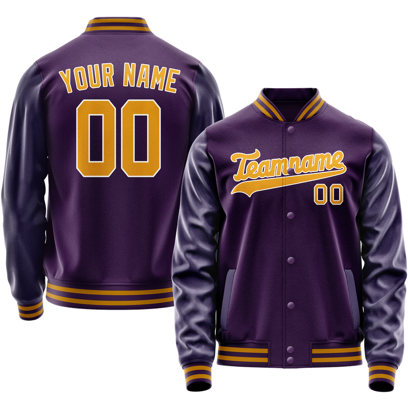 Custom Purple Gold Solid Color Varsity Letterman Jacket JA02240617KZ383