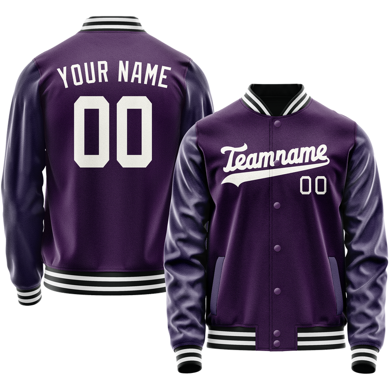 Custom Purple White Solid Color Varsity Letterman Jacket JA02240617KZ359
