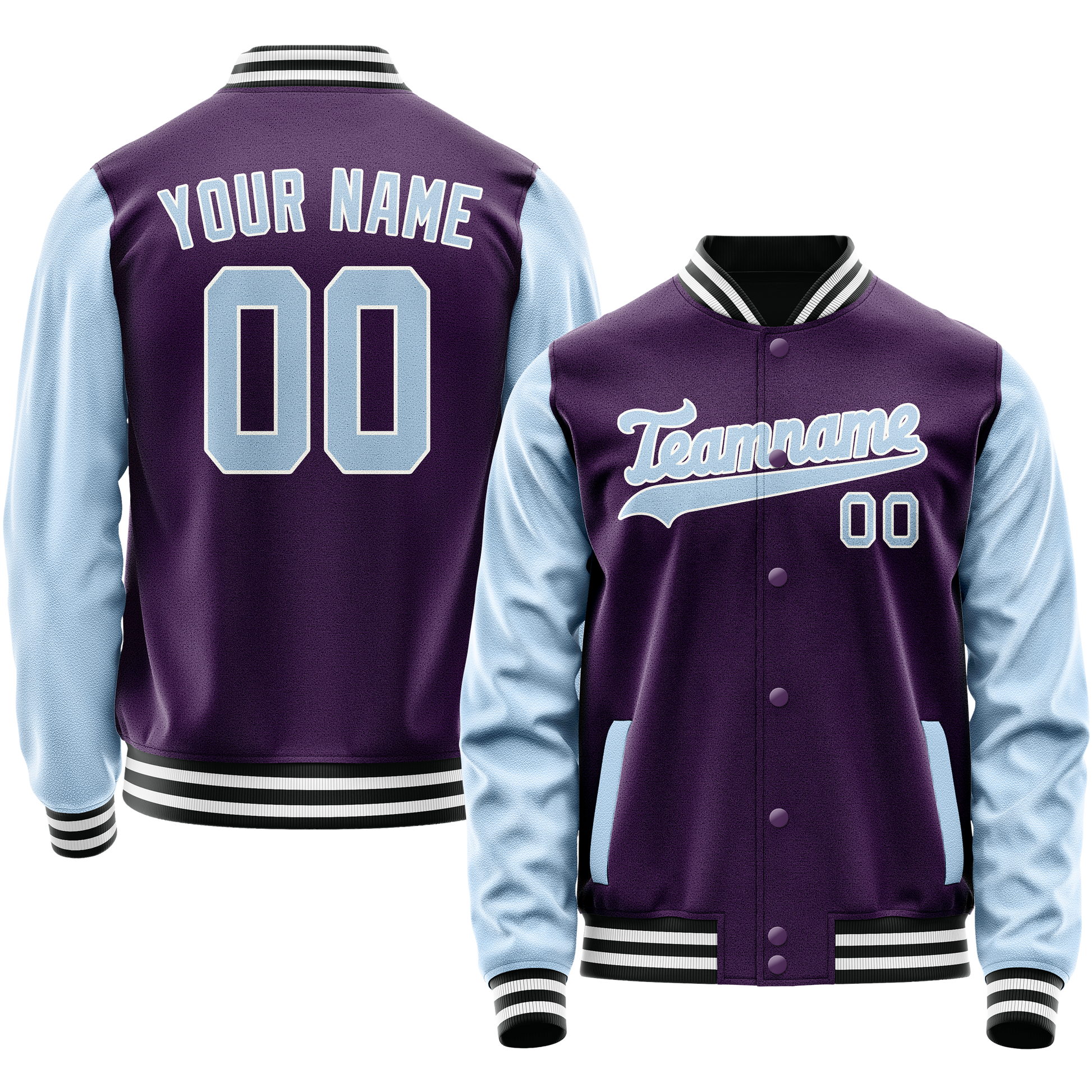 Custom Purple Light-Blue Solid Color Varsity Letterman Jacket JA02240617KZ373