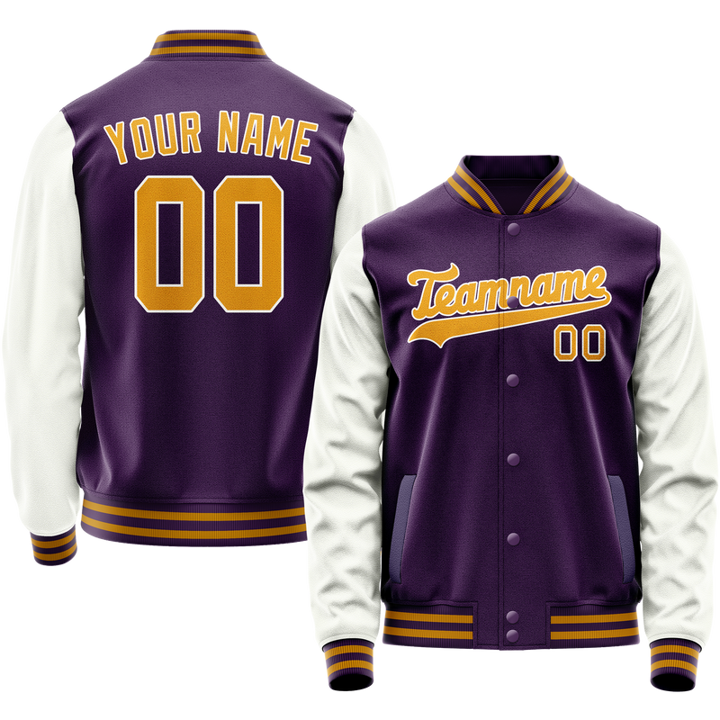 Custom Purple White Solid Color Varsity Letterman Jacket JA02240617KZ368