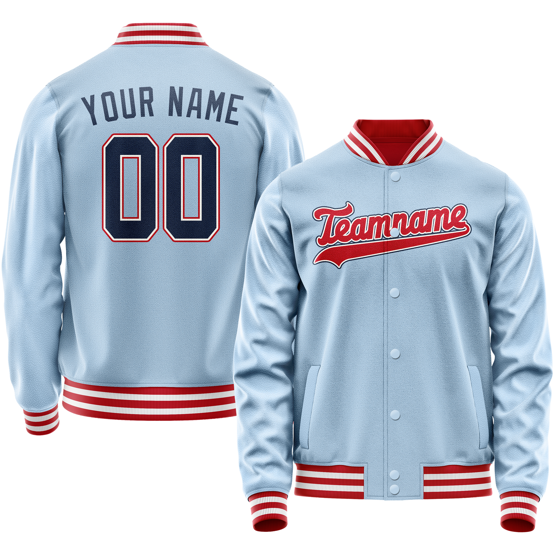 Custom Light-Blue Red Solid Color Varsity Letterman Jacket JA02240617JC255