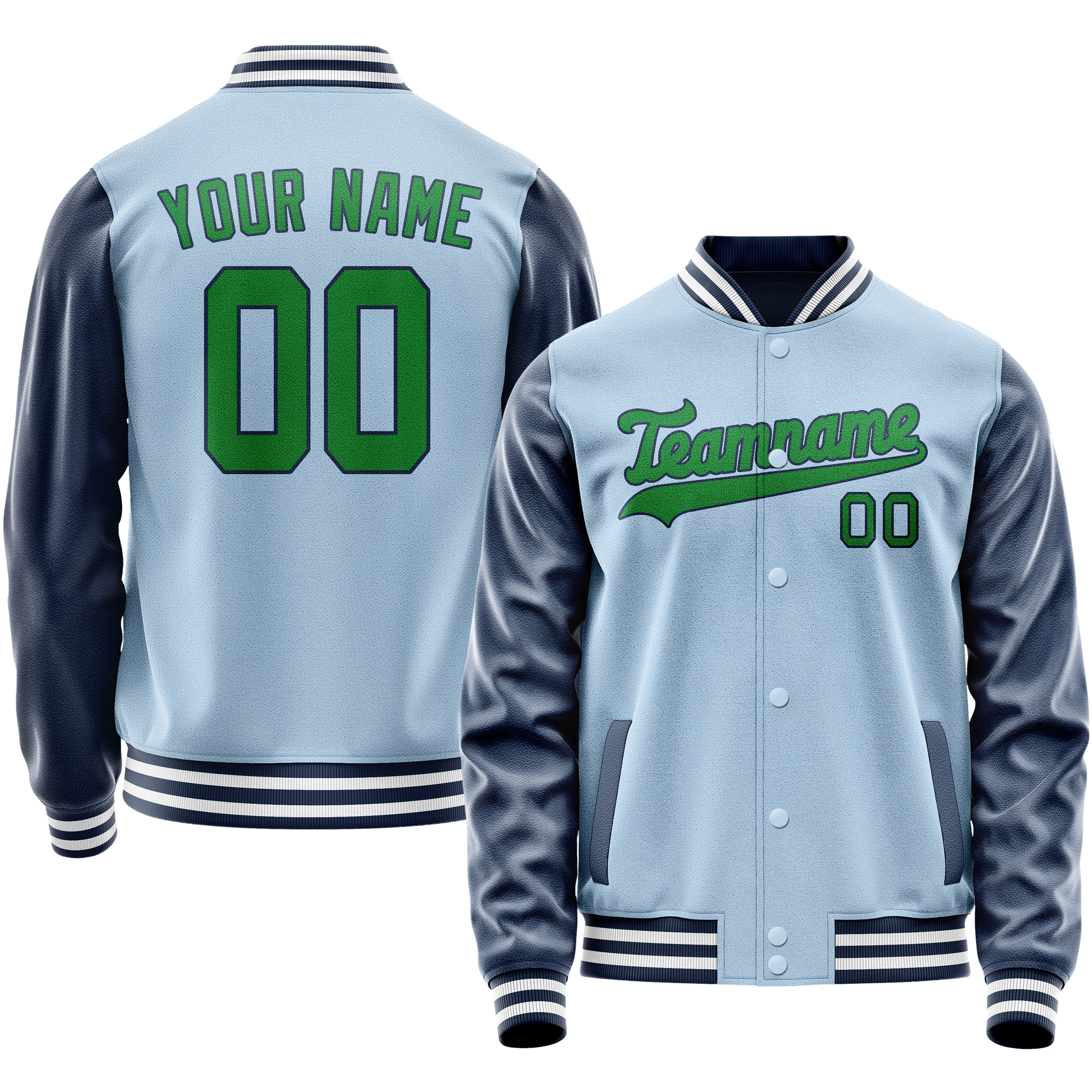 Custom Light-Blue Neon-Green Solid Color Varsity Letterman Jacket JA02240617JC259