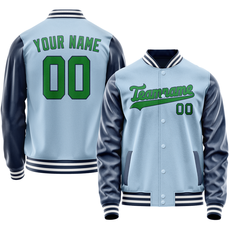 Custom Light-Blue Neon-Green Solid Color Varsity Letterman Jacket JA02240617JC259