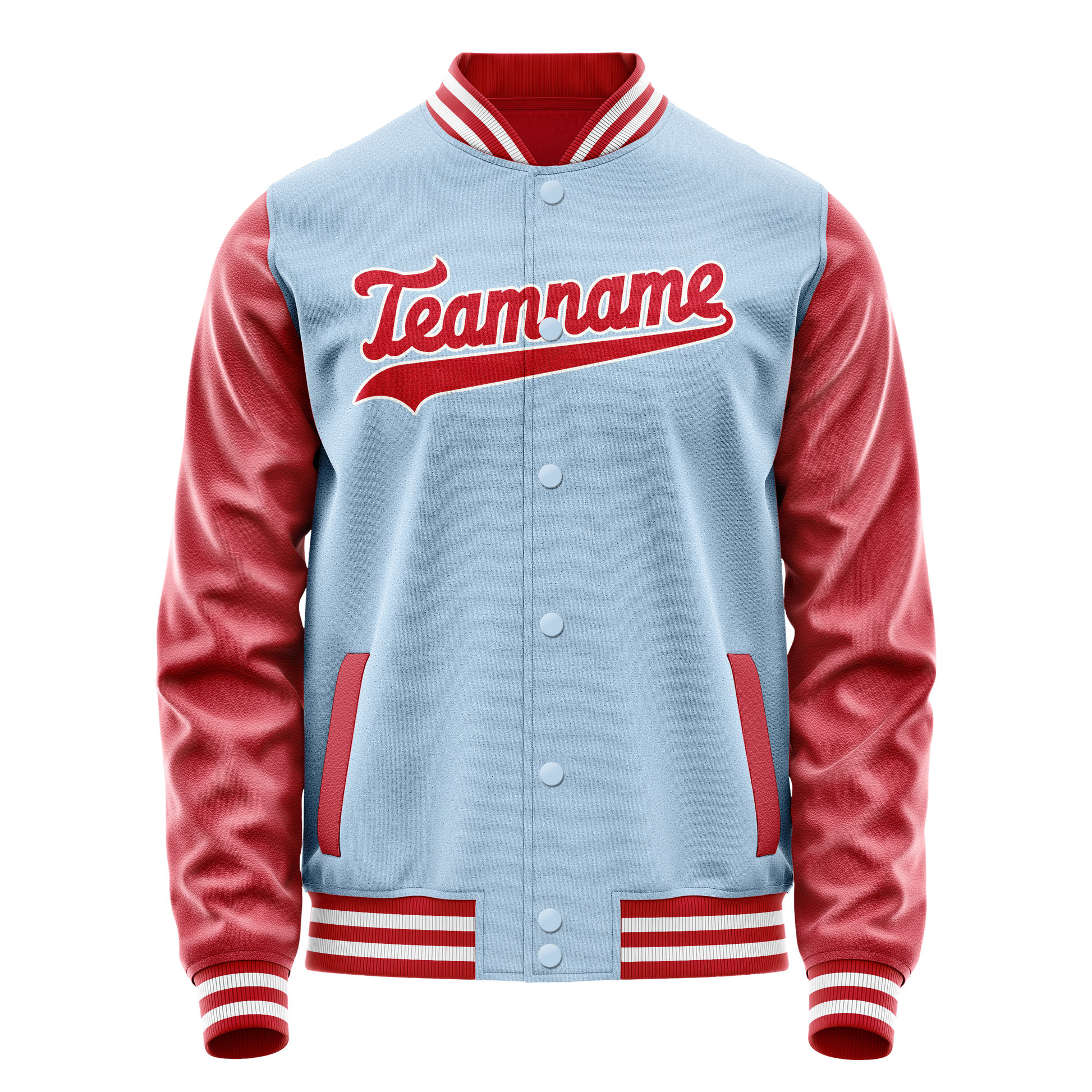 Custom Light-Blue Red Solid Color Varsity Letterman Jacket JA02240617JC247