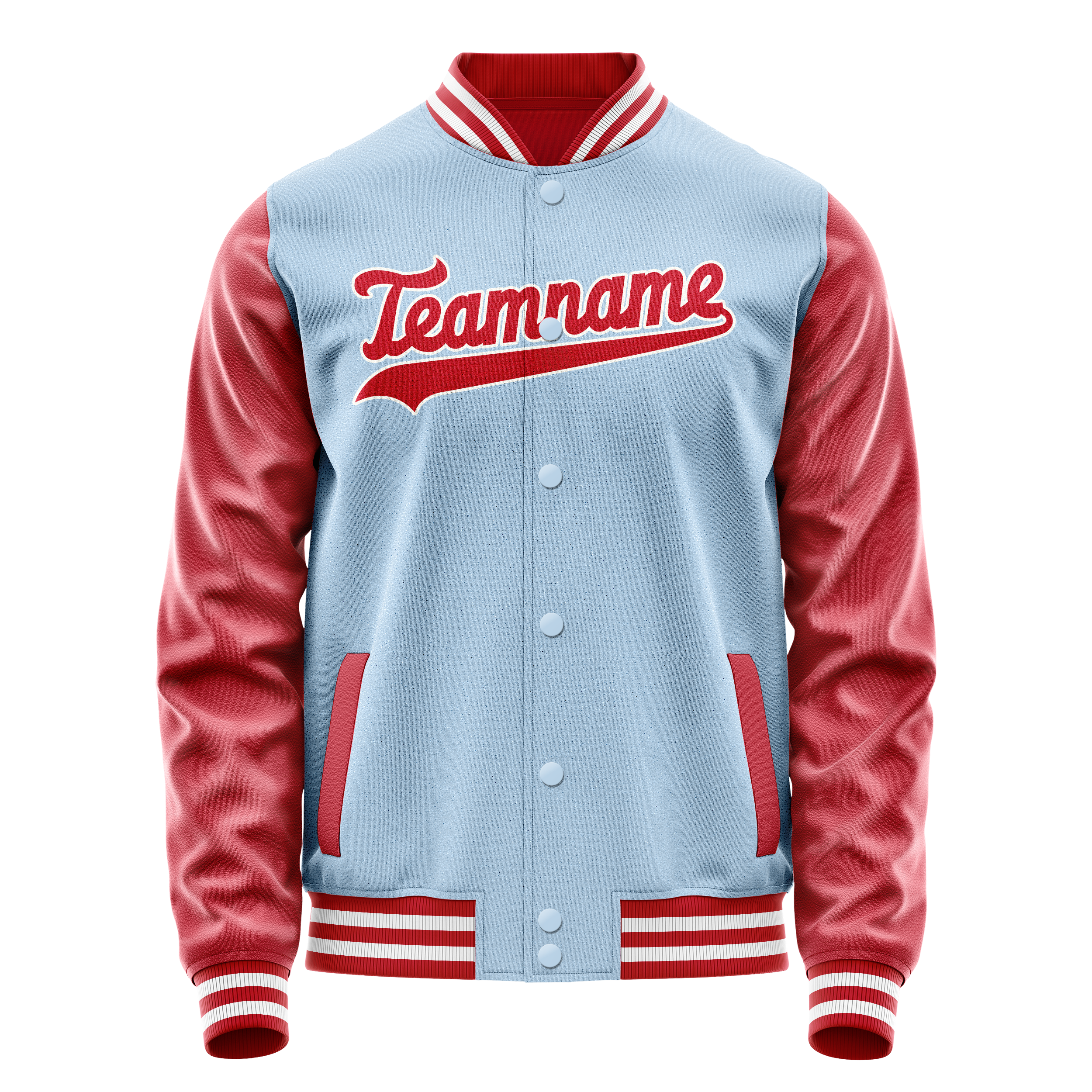 Custom Light-Blue Red Solid Color Varsity Letterman Jacket JA02240617JC247